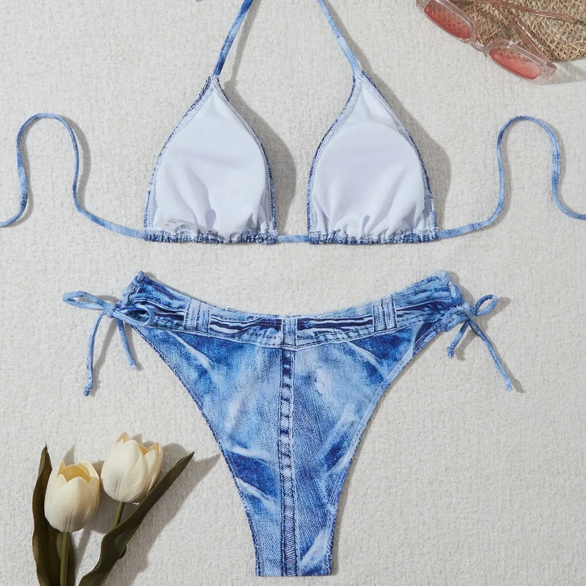 Women's denim blue print bikini set with strap detailing on polyester blend fabric