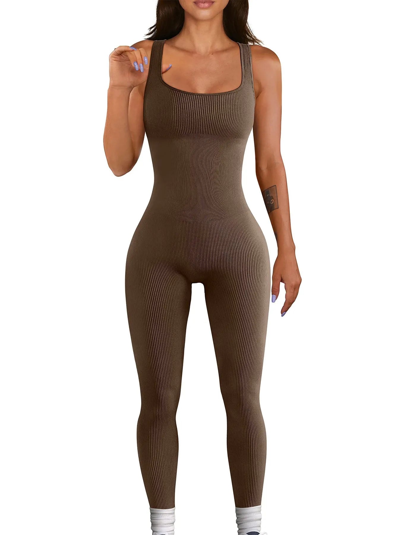 Women's long sleeve spandex suspender tank top tights with a button detail waistband.