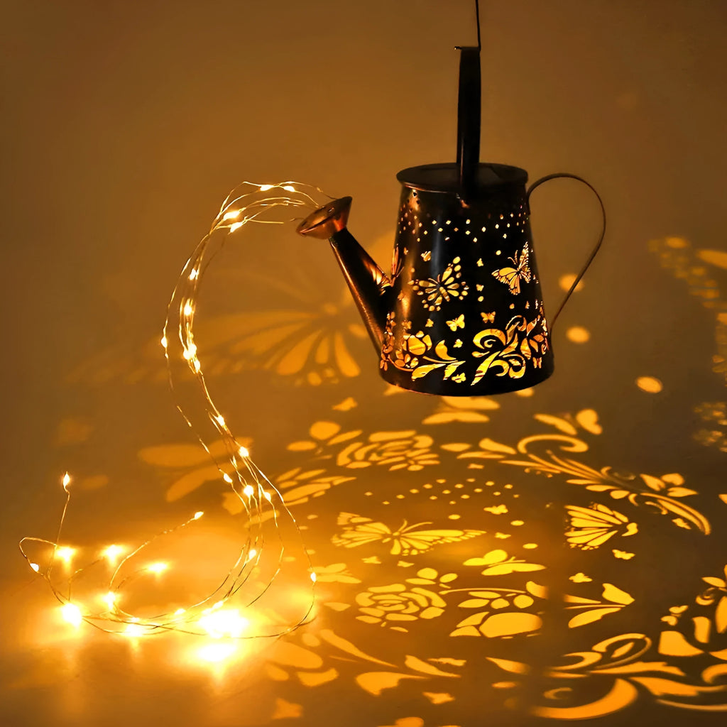 Solar garden lamp with butterfly pattern design and iron construction for outdoor lighting