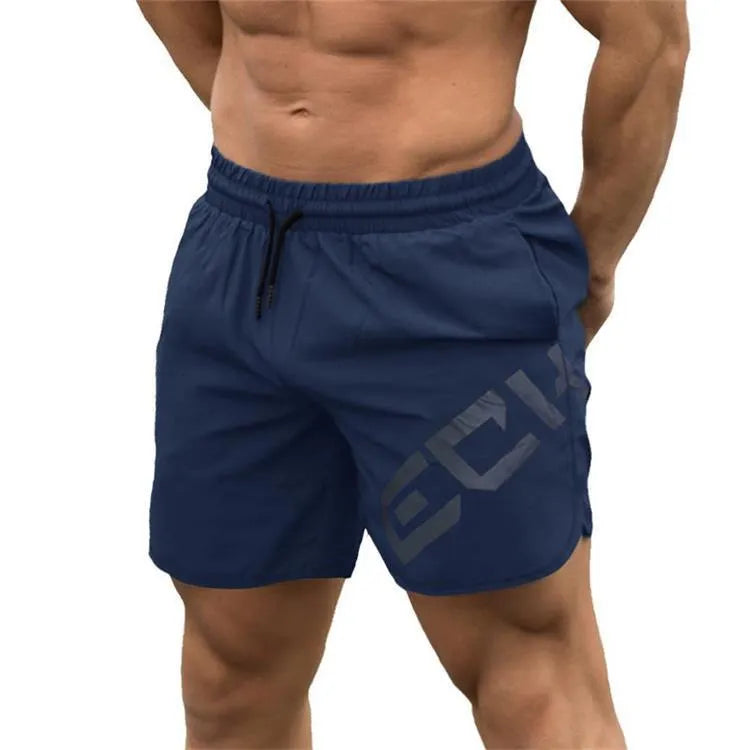Men's black elastic training shorts with a mid-waist and knee-length cut for summer sports.