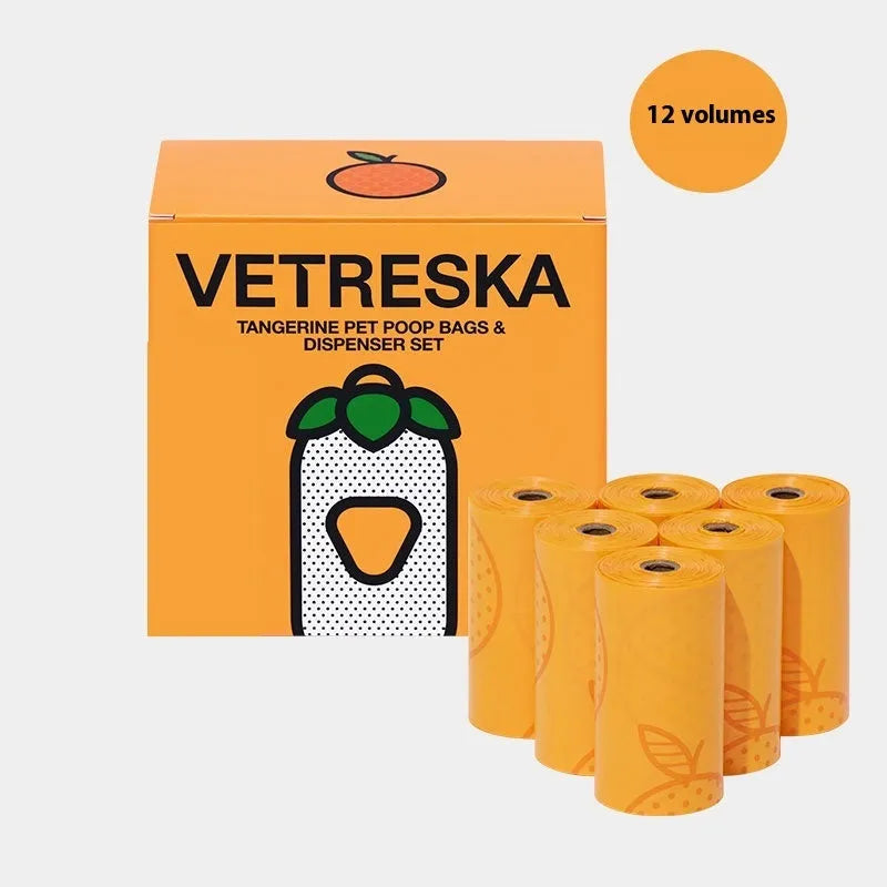 Dog poop bag capsule dispenser with fragrant biodegradable refills in strawberry, orange, and cherry blossom colour options