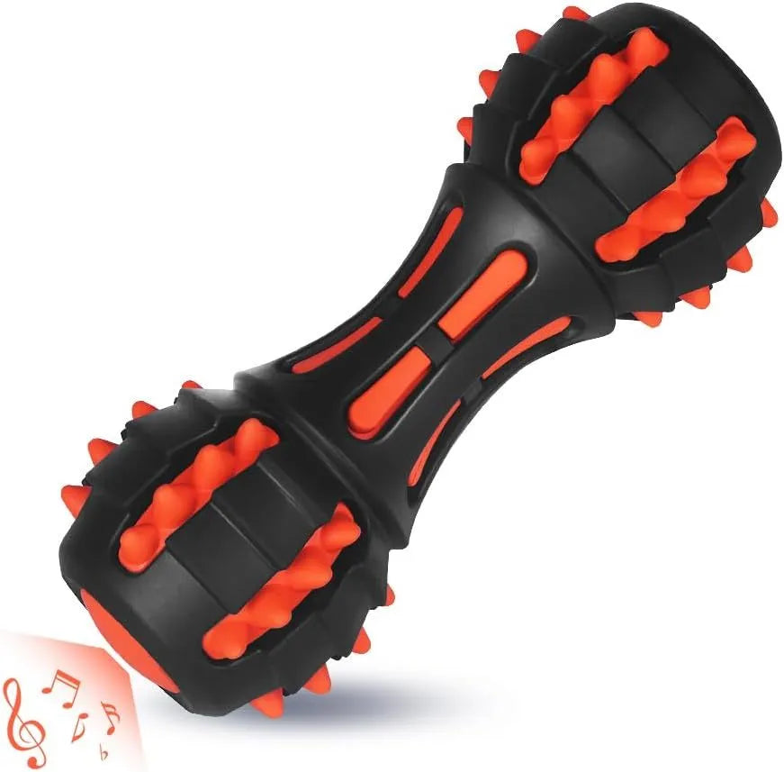 Red rubber dumbbell-shaped dog chew toy with squeaker for medium and large breed dogs