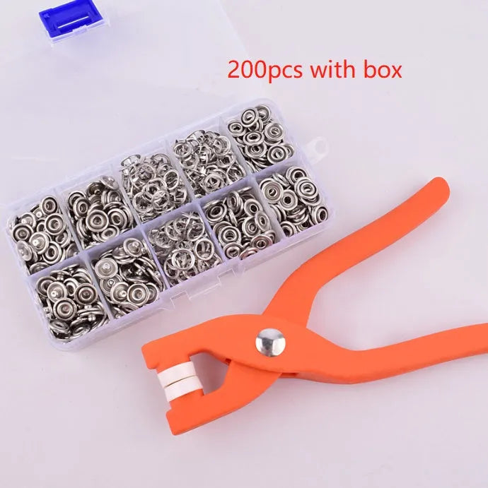 Stainless steel five claw no-sew button and application pliers for children's clothing.