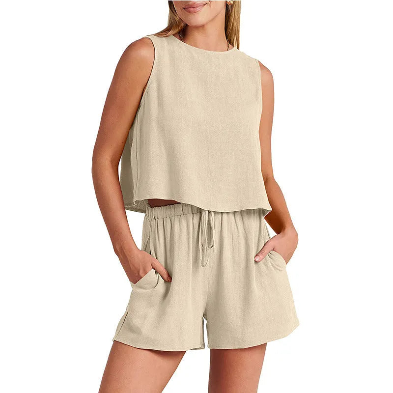 Women's sleeveless top and drawstring shorts co-ord set in a solid colour.