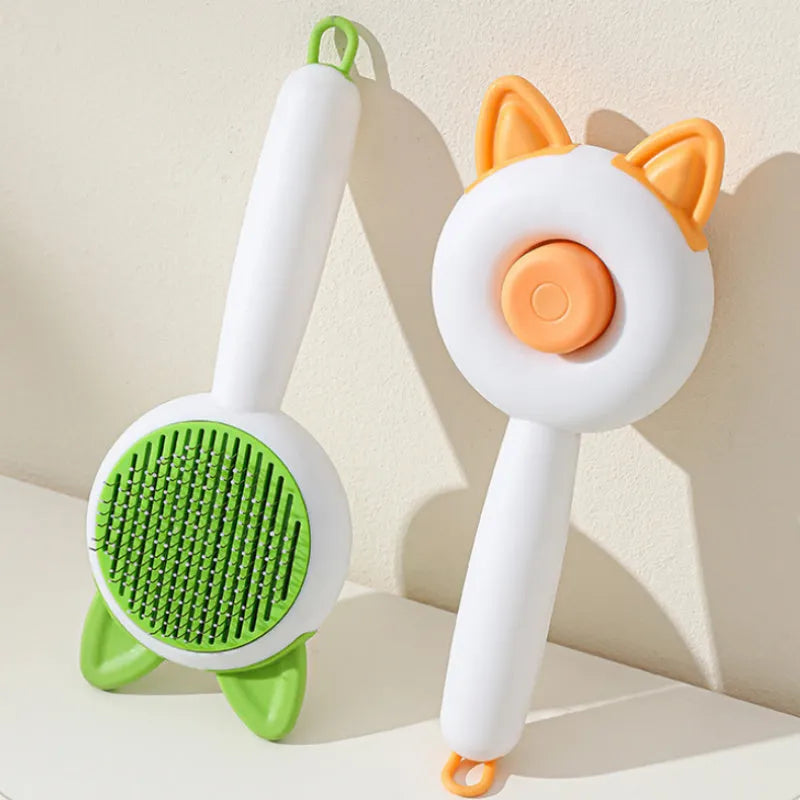 Self-cleaning cat grooming comb with stainless steel teeth in greenish white colour