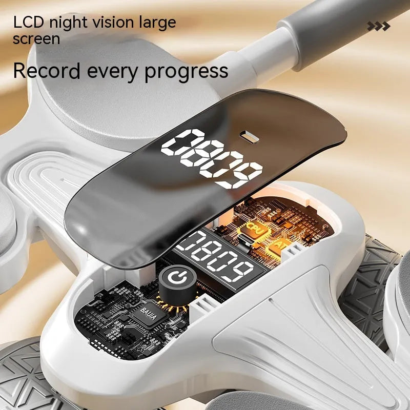 White belly contracting and rolling fitness equipment with LED timing and calorie counting screen