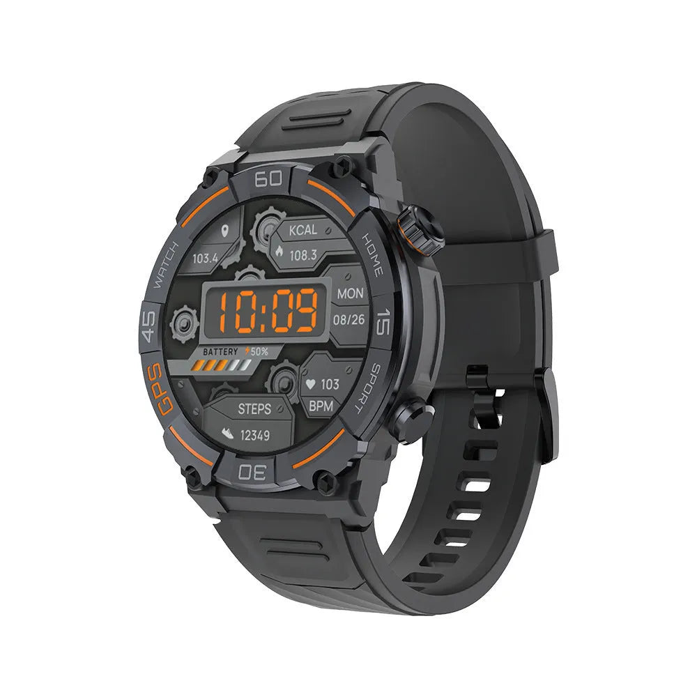MG02 smart watch in black, khaki, or silver orange on wrist showing health stats.