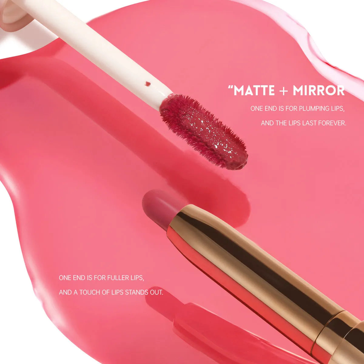 Double-headed lipstick case showing matte finish on one end and lip gloss on the other