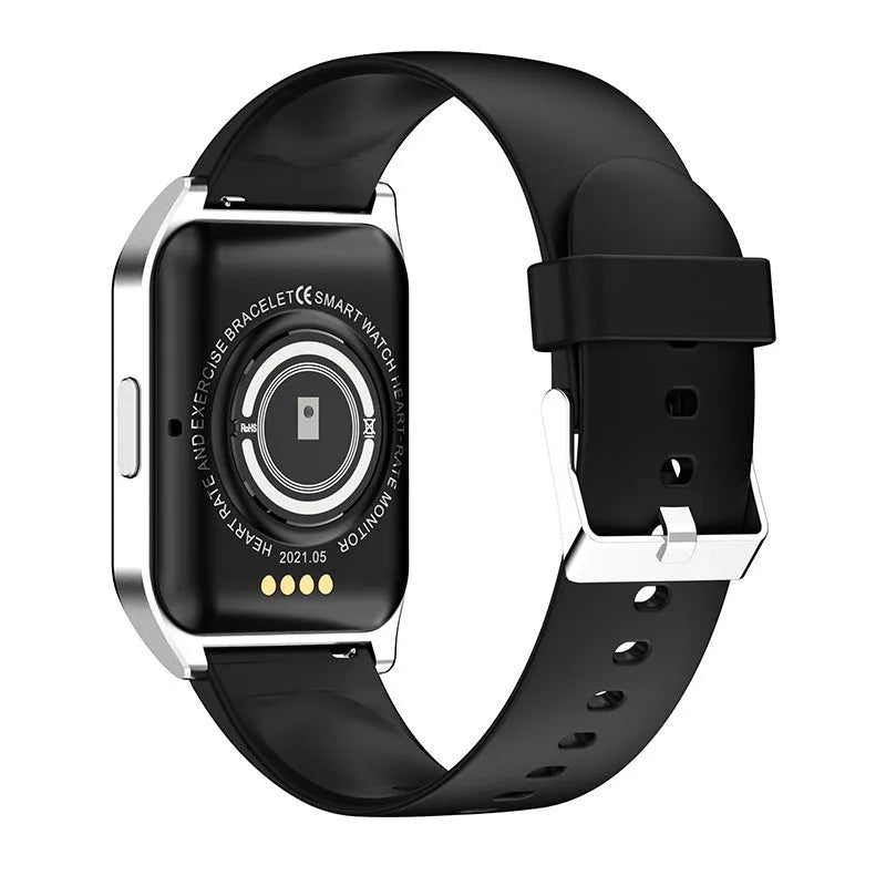 Black or silver smart watch with 1.69 inch screen showing heart rate display on silicone wristband