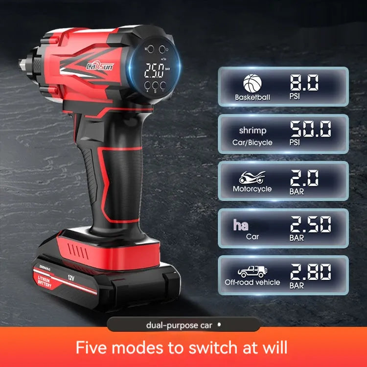 Red and black portable car air pump with wired and wireless operation for tyre inflation