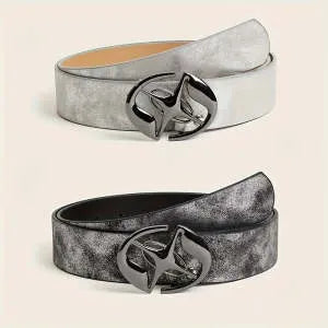 Retro women's thick belt with oval alloy buckle in Earth style grey white colour