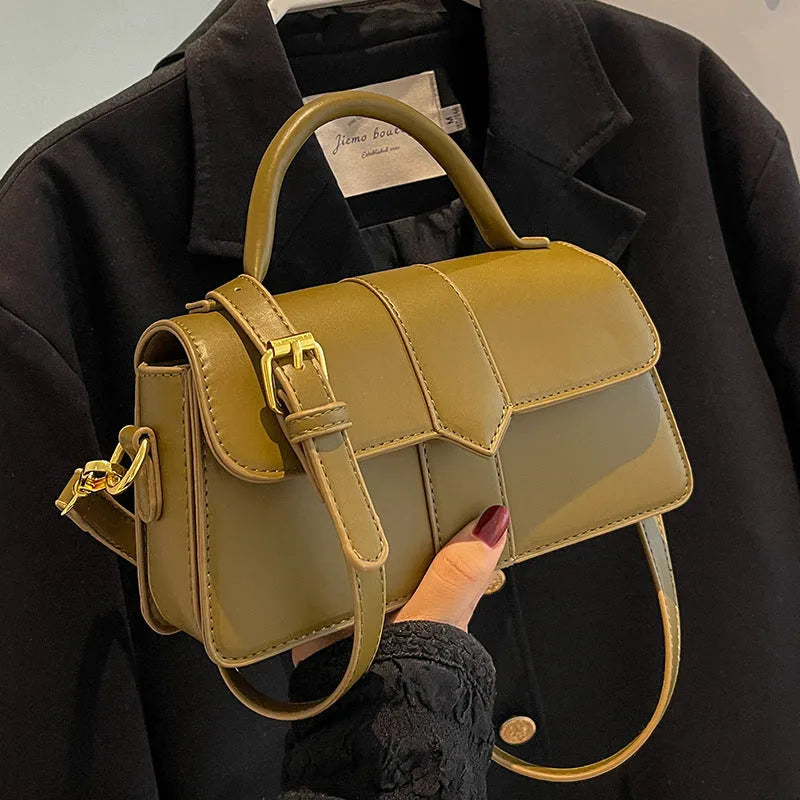 Women's brown PU leather messenger bag with horizontal square design showing sandwich pocket