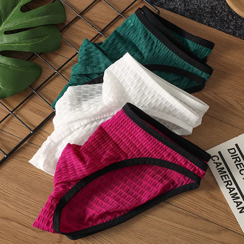 Men's low waist nylon lace underwear in light purple colour showing transparent visual design