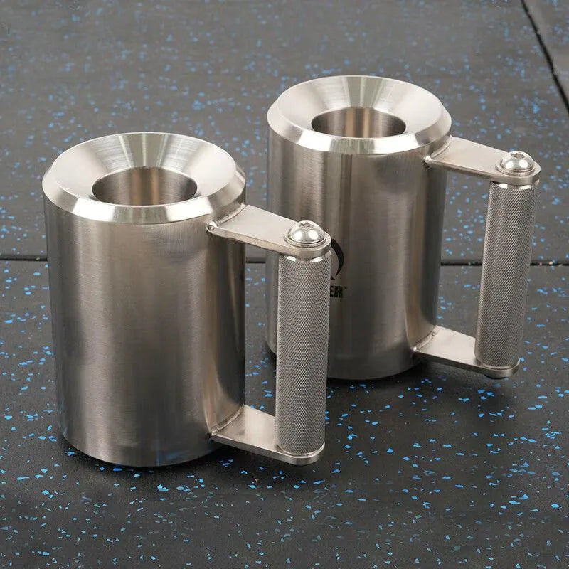 Silver stainless steel dumbbell cup weight plate weighing 8kg on a gym floor.