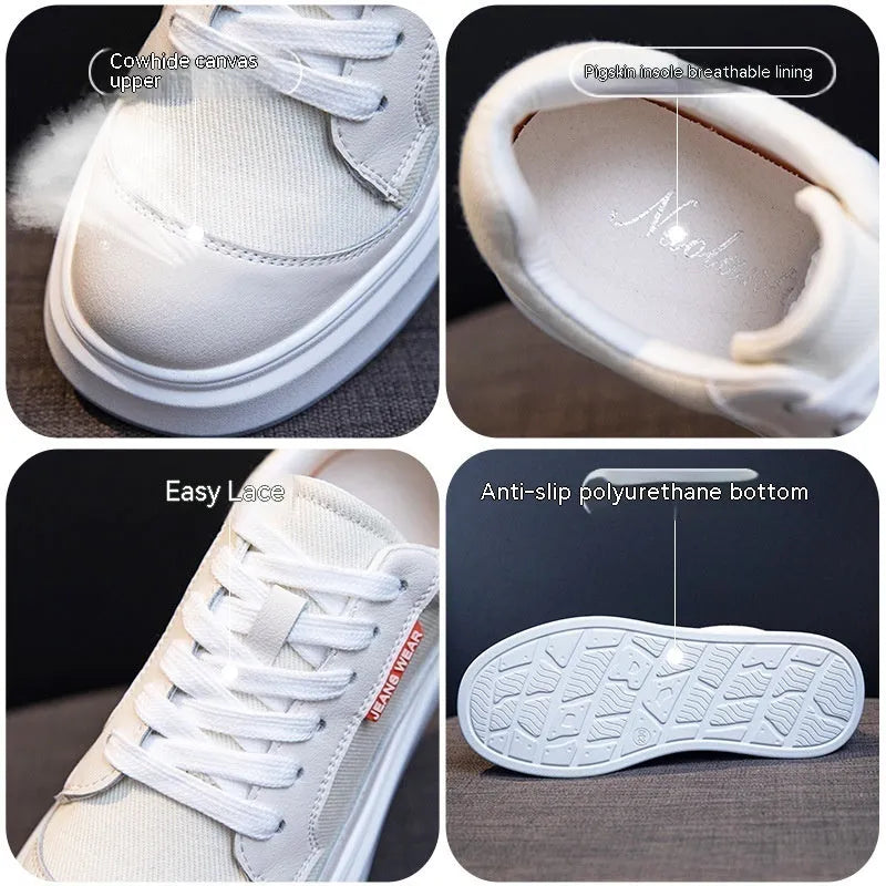 Women's beige leather platform shoes with thick sole design for height increase