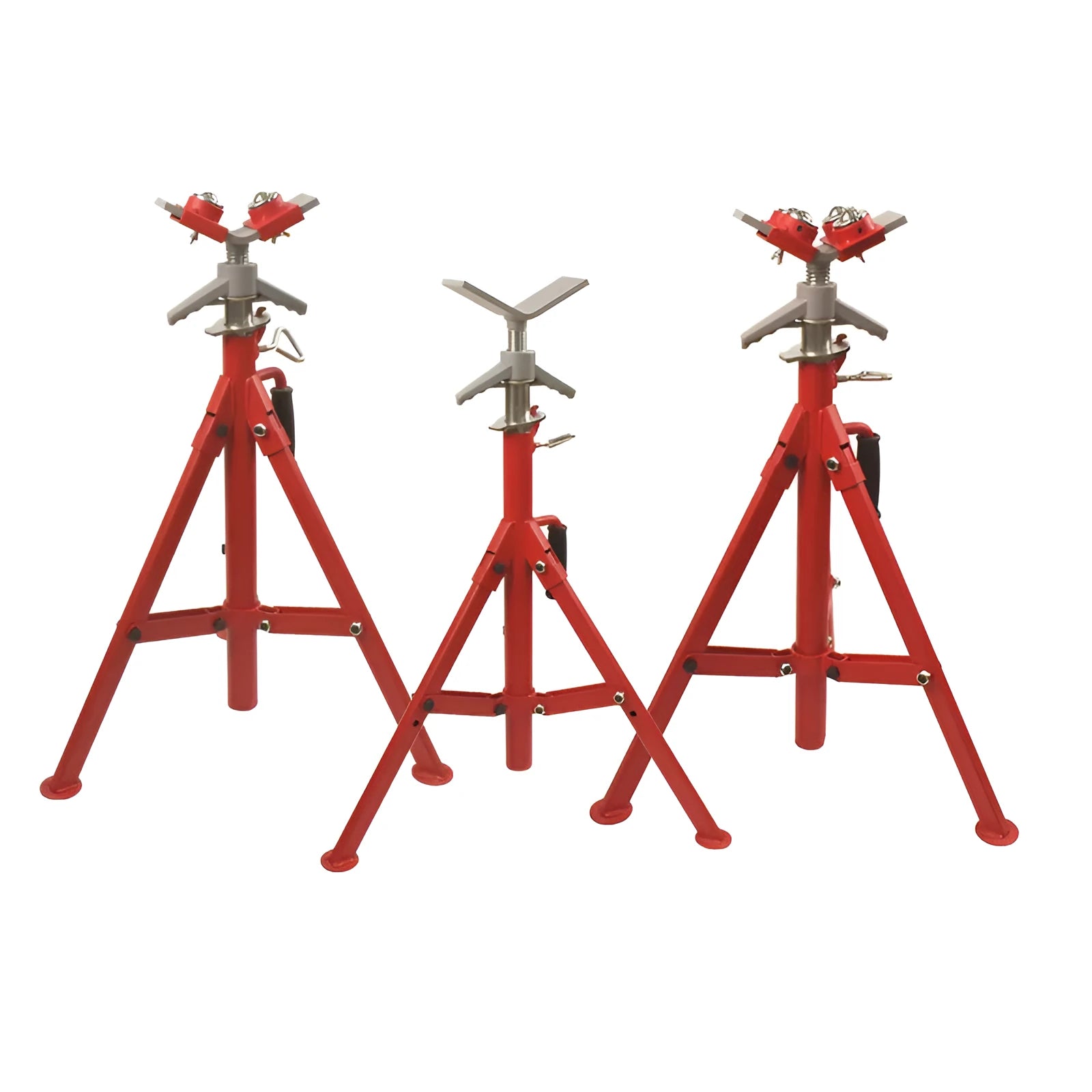 Metal V-head pipe bracket shown in high and low variants with ball bearing options for steel pipe support.
