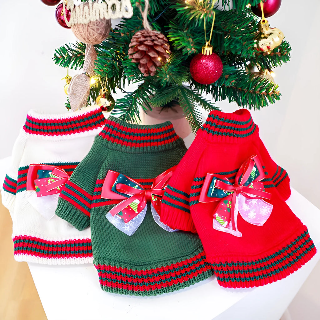 Red and green polyester Christmas jumper for a small dog or cat, showing size range from XS to XL.