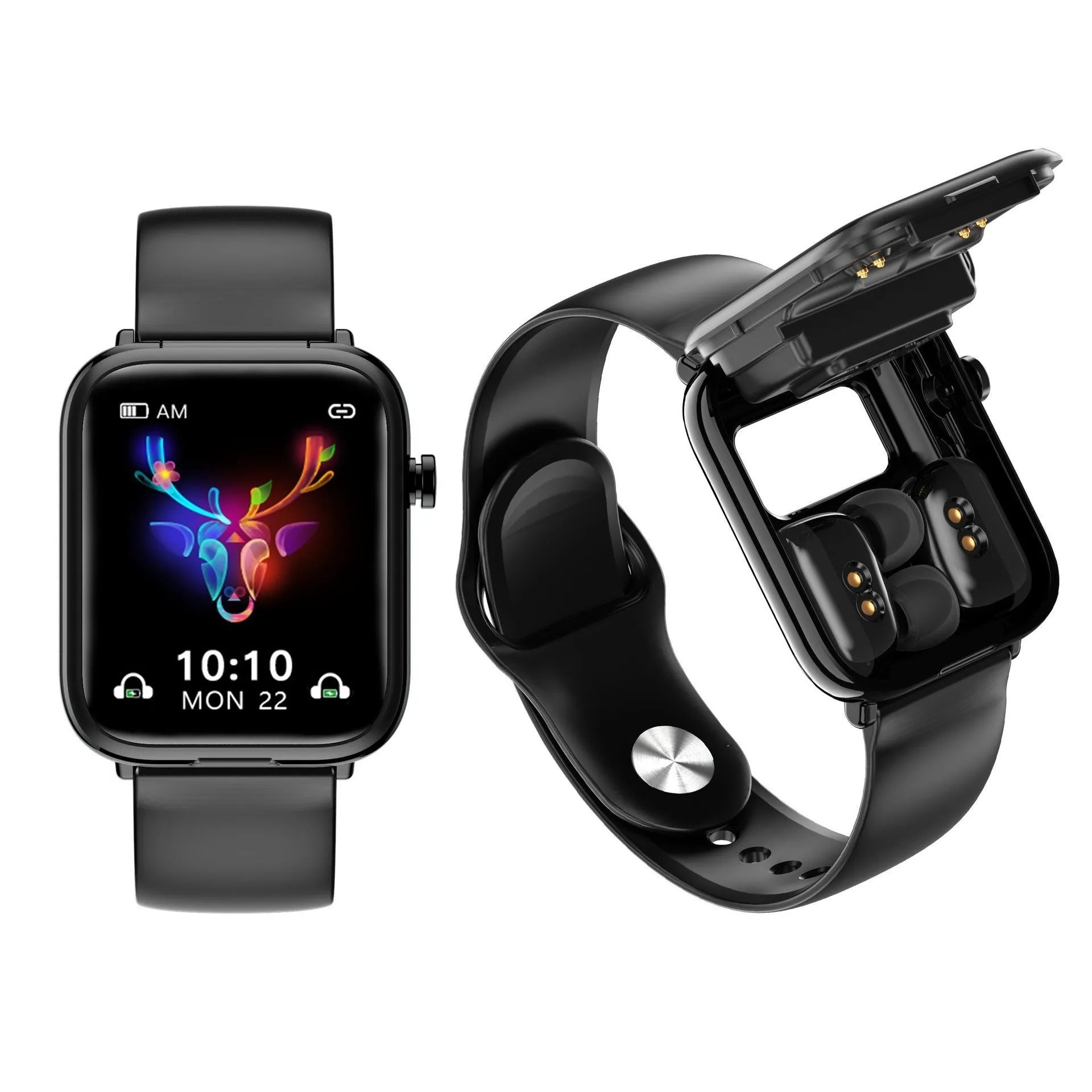 Black zinc-alloy smartwatch with 1.69-inch touchscreen, functioning as a Bluetooth headset and fitness tracker.