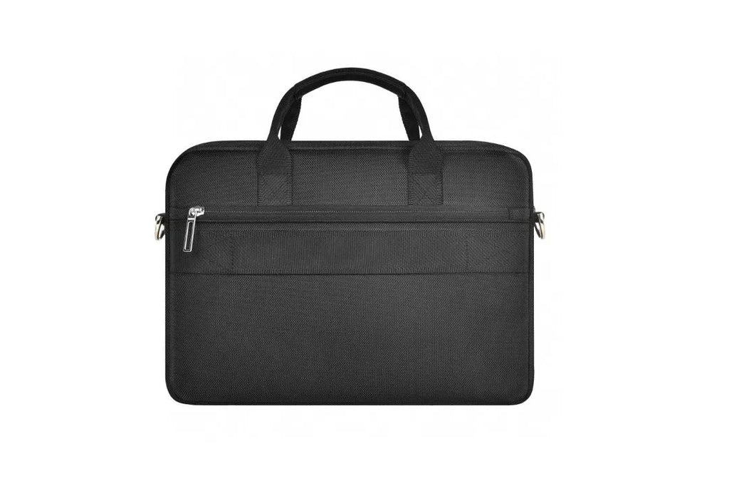 Black Oxford cloth laptop backpack with multiple front pockets and a padded computer compartment.