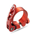 Aluminium bicycle seat post clamp in black red gold or blue colours showing 31.8mm and 34.9mm size options