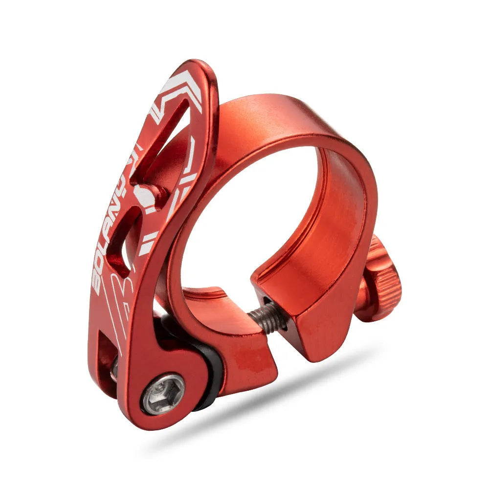 Aluminium bicycle seat post clamp in black red gold or blue colours showing 31.8mm and 34.9mm size options