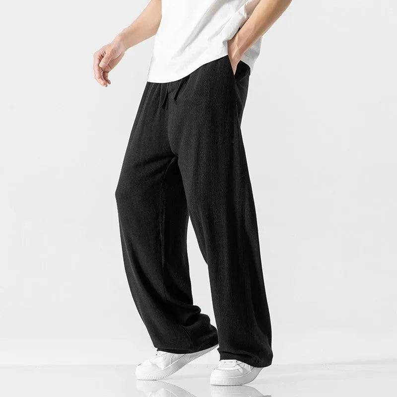 Men's bamboo fibre linen trousers in cropped length with drawstring waist and straight-leg cut