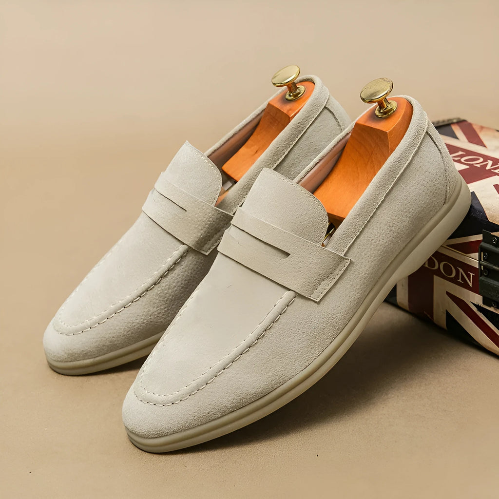 Men's black leather slip-on casual shoes with round toe and rubber sole