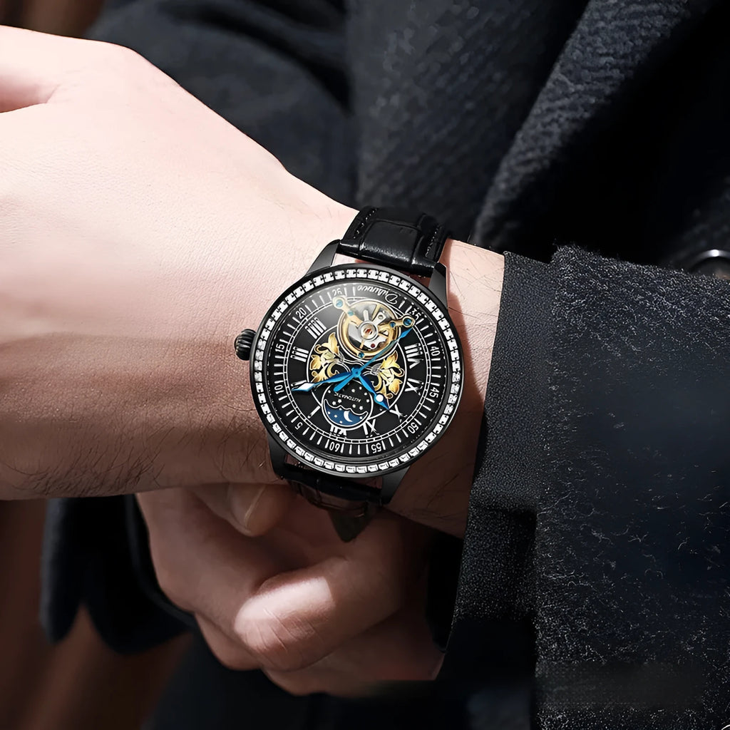 Men's mechanical watch with stainless steel strap, round dial, and transparent case back showing movement
