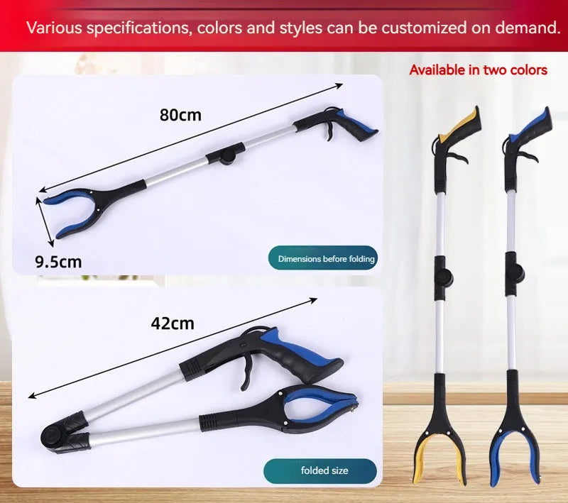 Foldable aluminium garbage clamp with magnet sucker extended to 80cm, showing blue handle option.