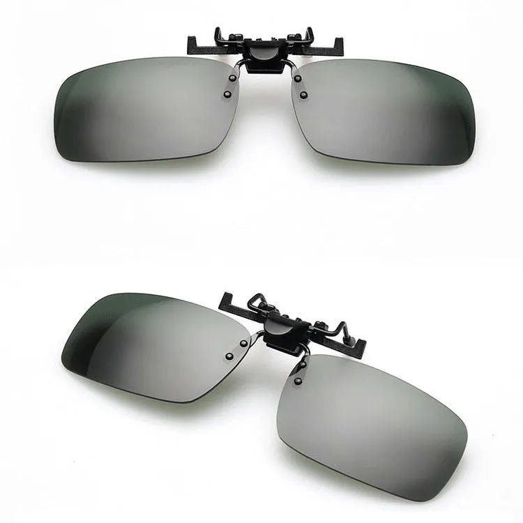 Plastic clip-on sunglasses attachment with interchangeable PC sheets for spectacle wearers.