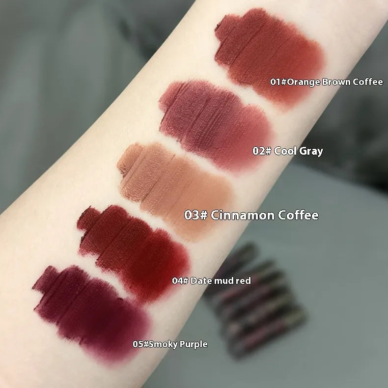 Matte lip mud lipstick in five colour shades showing stain-resistant formulation