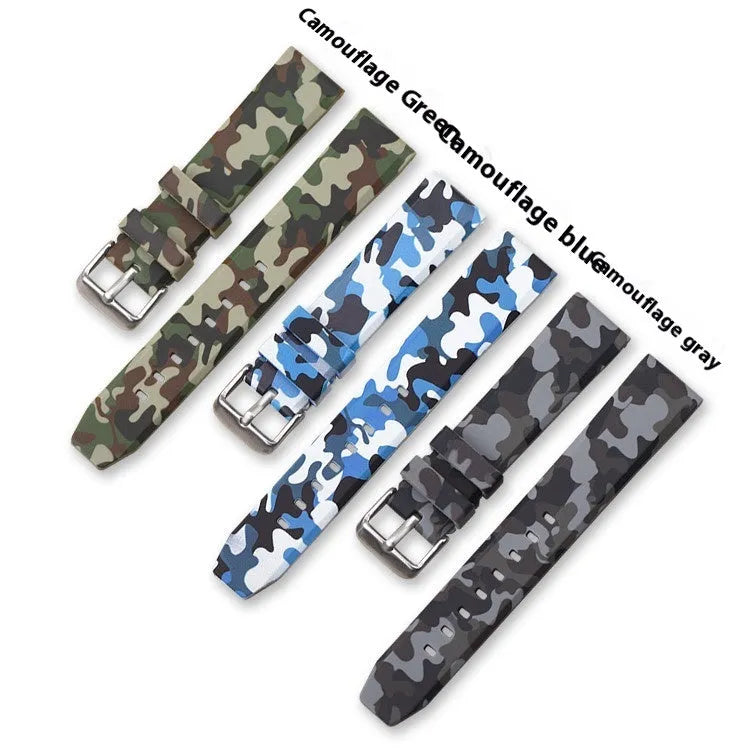 Green camouflage silicone watch strap showing 20mm width and 5mm thickness