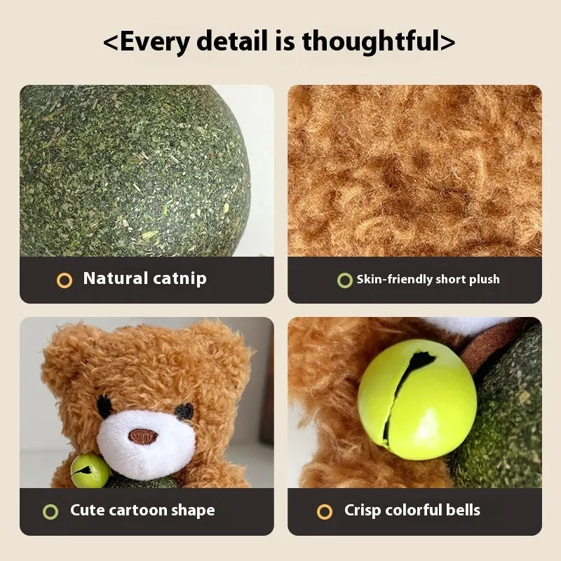 Plush catnip ball toy with animal design and bell measuring 15cm by 7cm