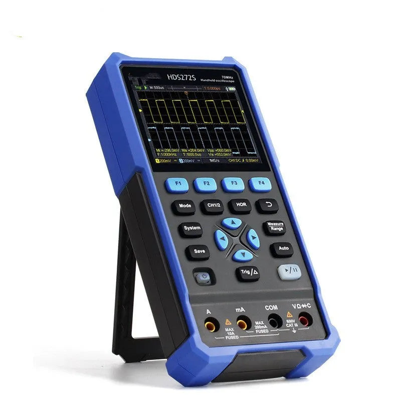 Handheld Owon HDS272 digital oscilloscope with probe accessories for automotive diagnostics