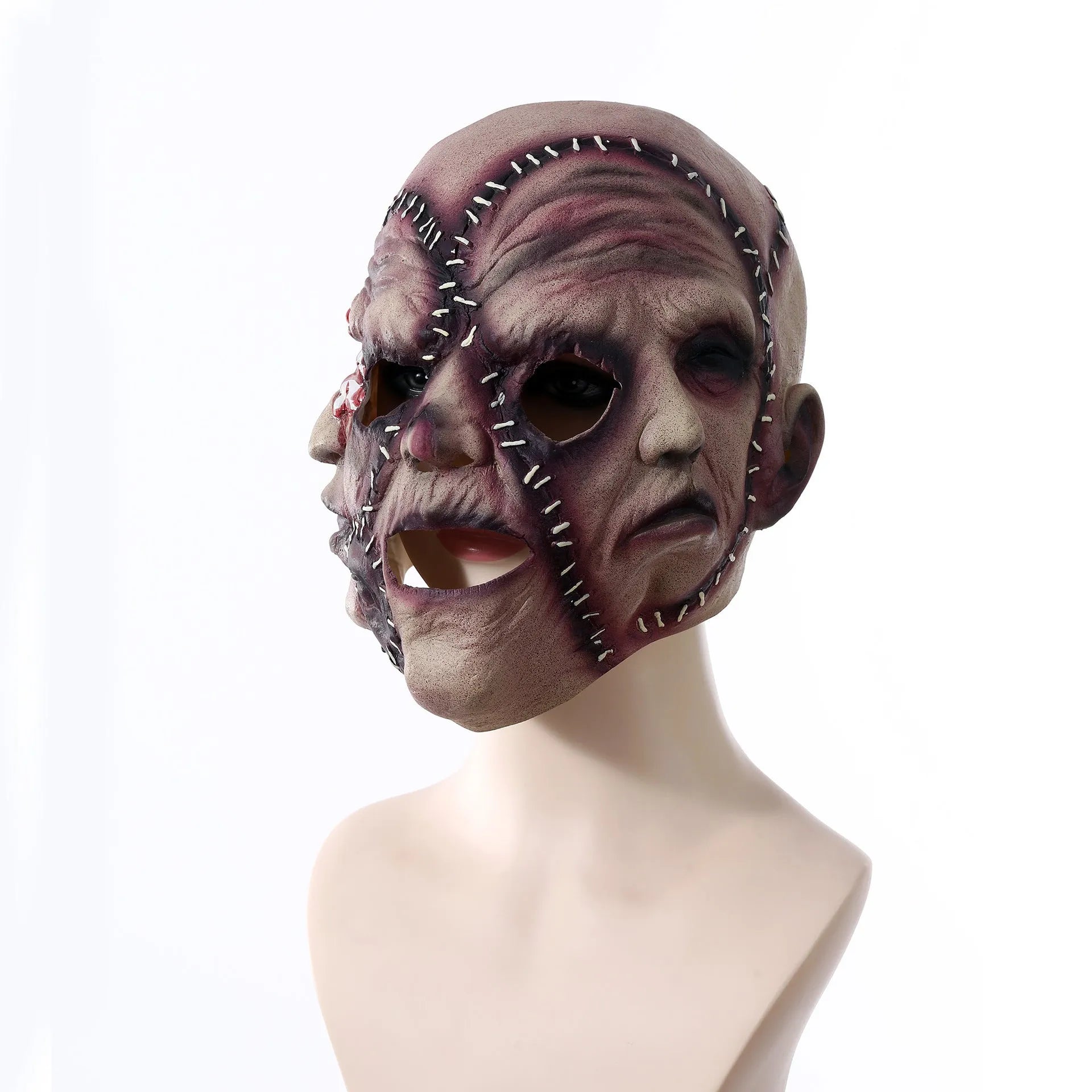 Halloween three-sided grimace horror mask in natural latex showing realistic facial effect