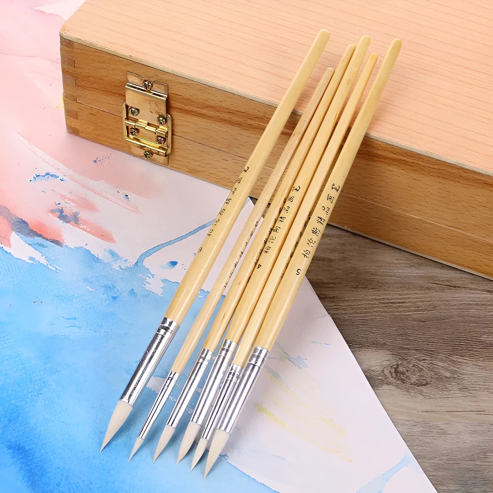 Six wooden-handled hook line pen brushes for art and calligraphy in a set