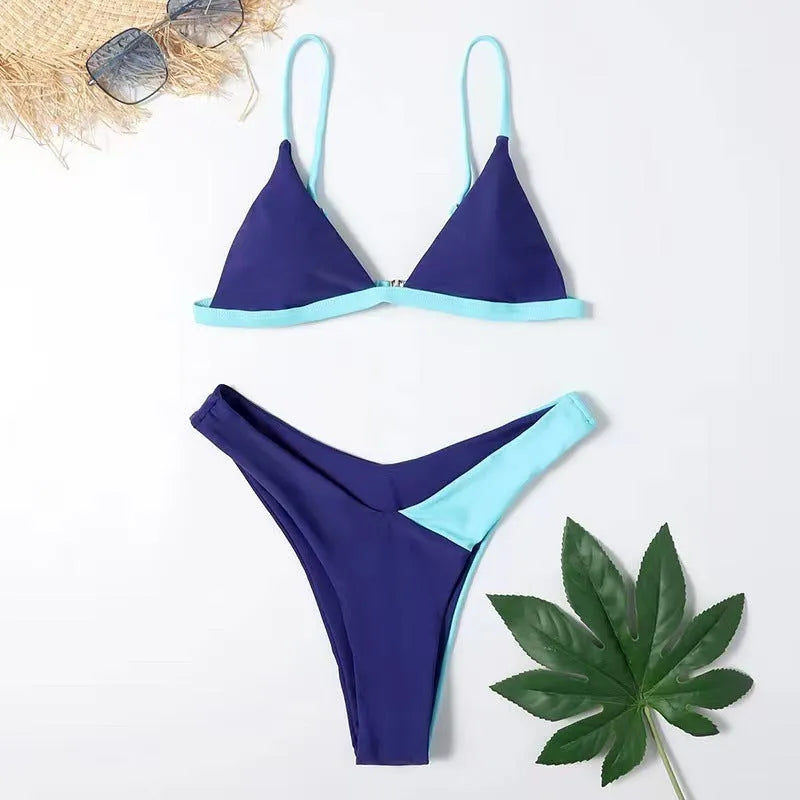 Women's two-piece nylon swimsuit set with bra and briefs in a patterned design