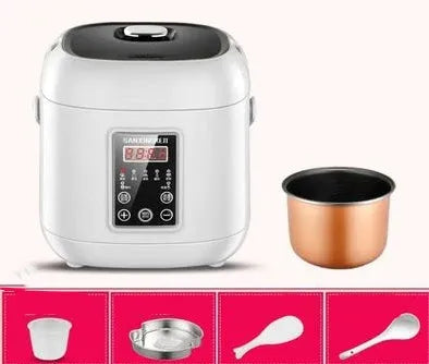 Compact round miniature rice cooker with steaming tray in various colour options