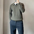 Men's loose grey knitted sweater with a textured striped lapel, shown on a model.