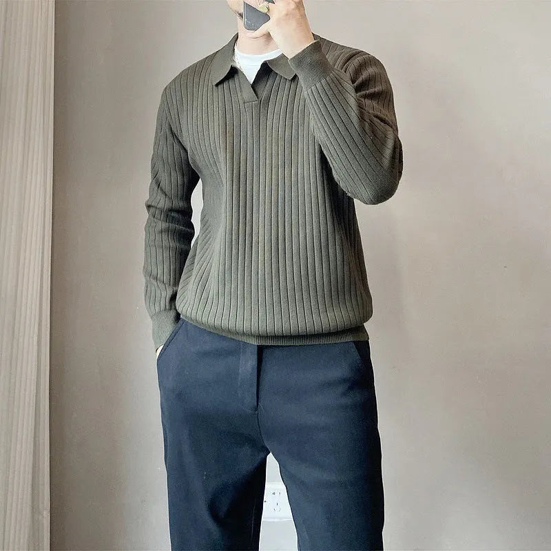 Men's loose grey knitted sweater with a textured striped lapel, shown on a model.