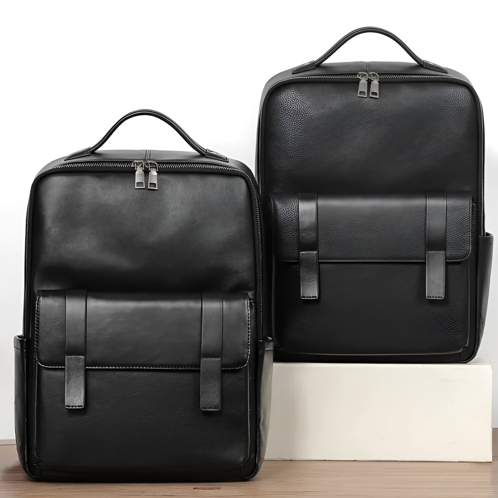 Black genuine leather men's computer backpack with large 55L capacity shown from a side angle.