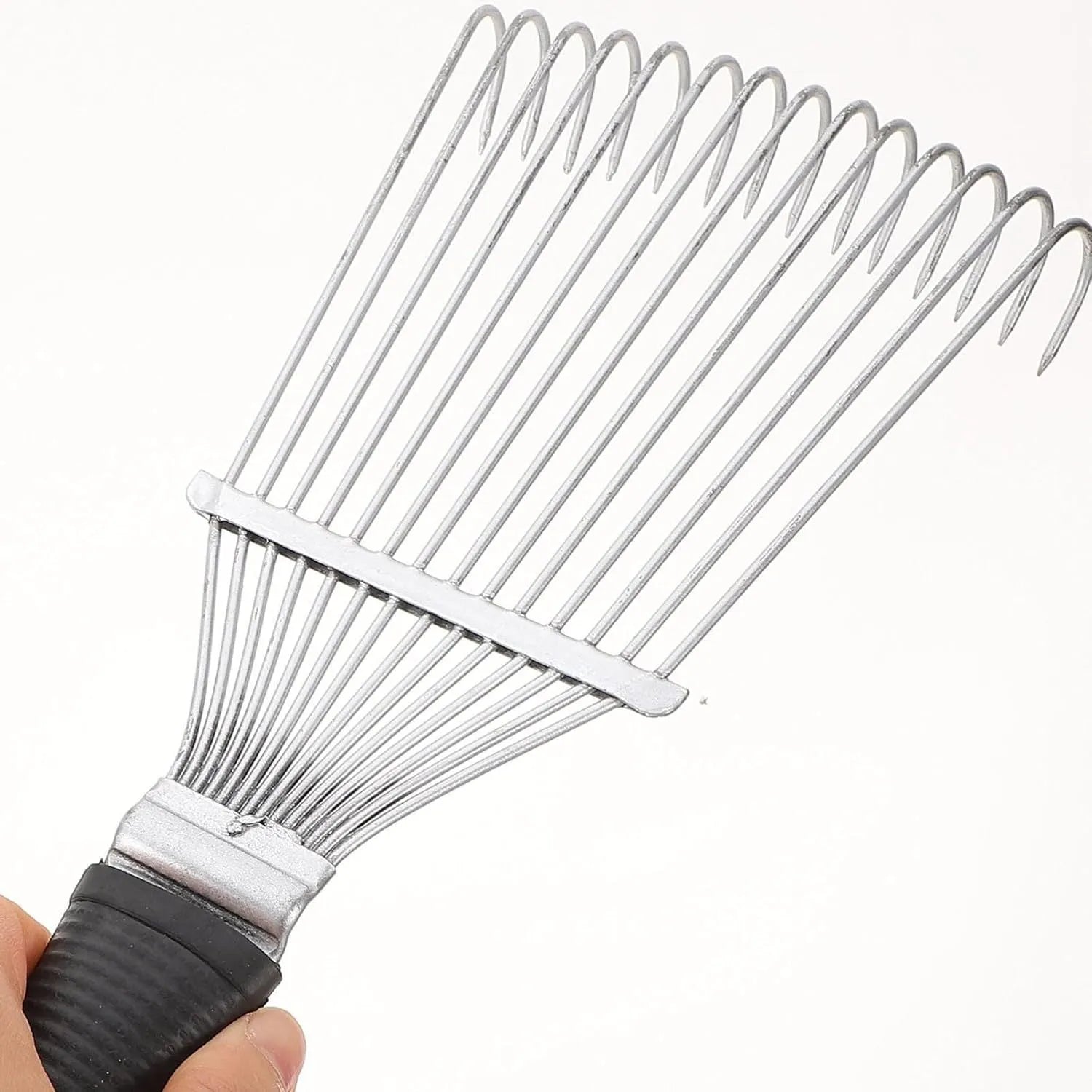 Black stainless steel pet grooming rake comb with curved teeth, shown on a plain background.