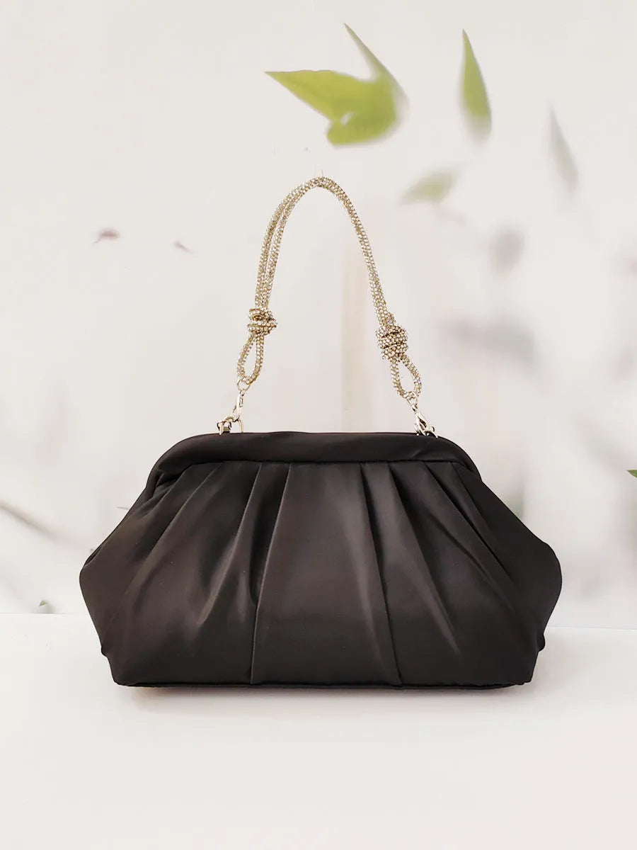 Women's soft polyester shoulder messenger bag with decorative folds, diamonds and chains in shell shape