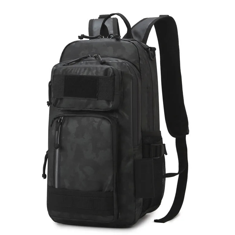Orange and black outdoor backpack with 20-35 litre capacity for hiking and camping adventures