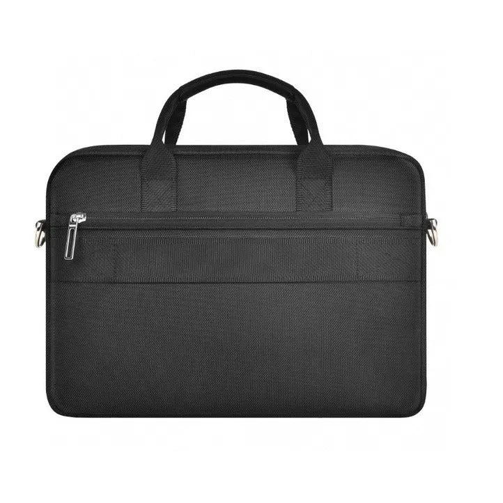 Black Oxford cloth laptop backpack with multiple front pockets and a padded computer compartment.