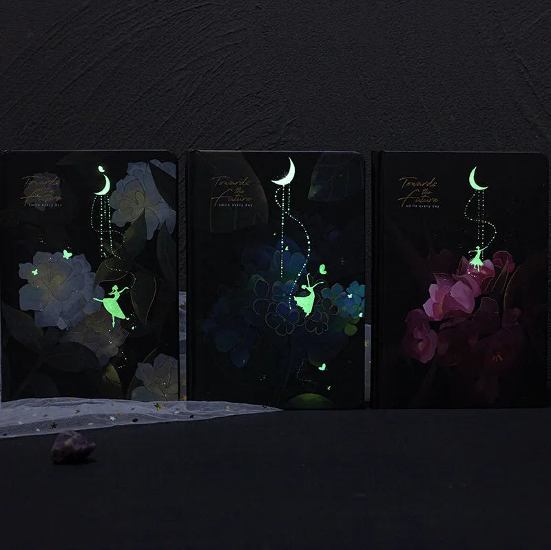 A5 notebook with luminous cover open to show an internal colour illustration, in deep blue colour.