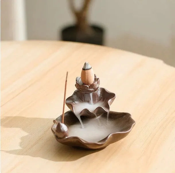 Ceramic reverse flow incense burner with square base, lotus and plum blossom patterns in new Chinese style