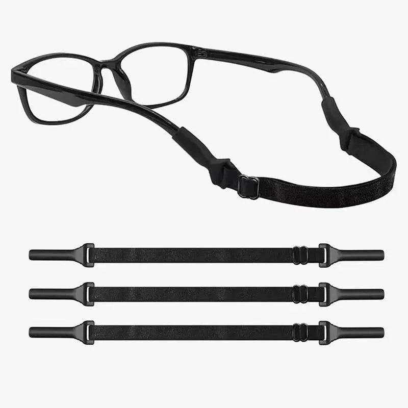 Black adjustable glasses cord with silicone tips attached to eyewear earpieces