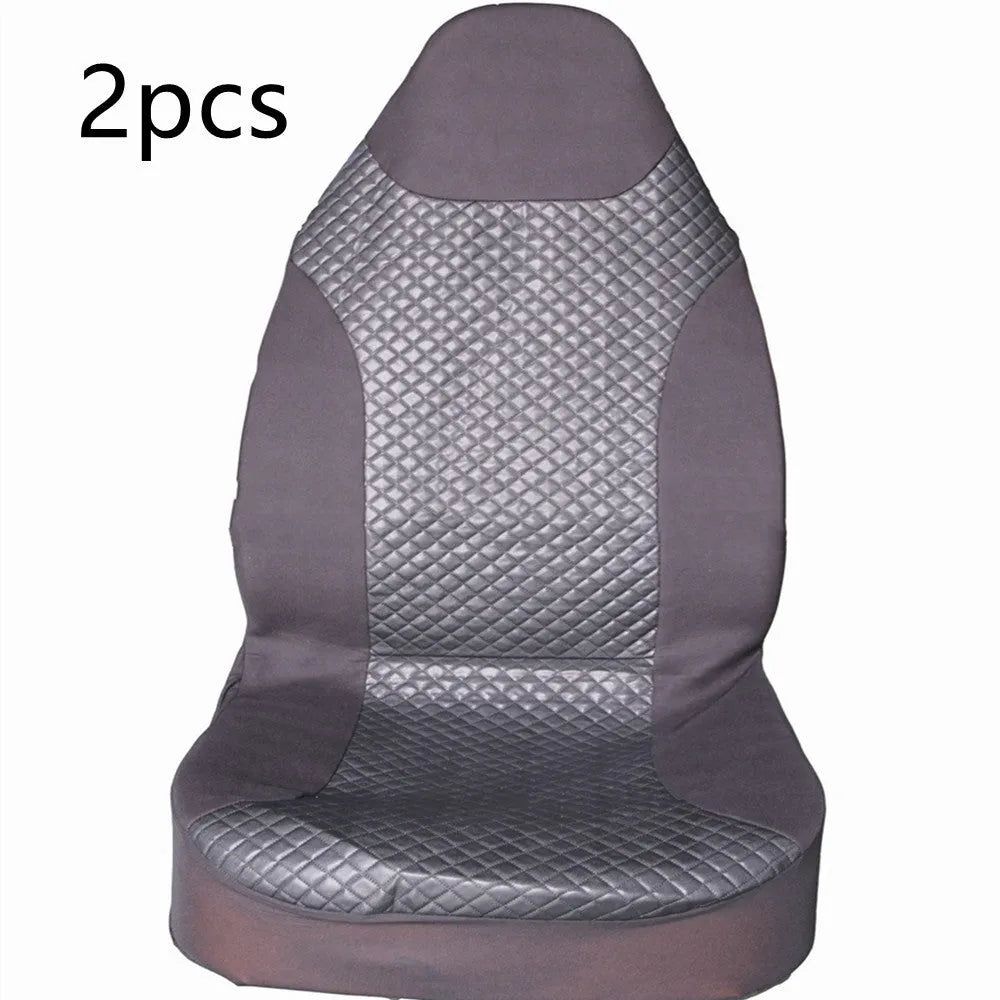 Black quilted automotive seat cover made from PU and polyester fabric on a car seat.