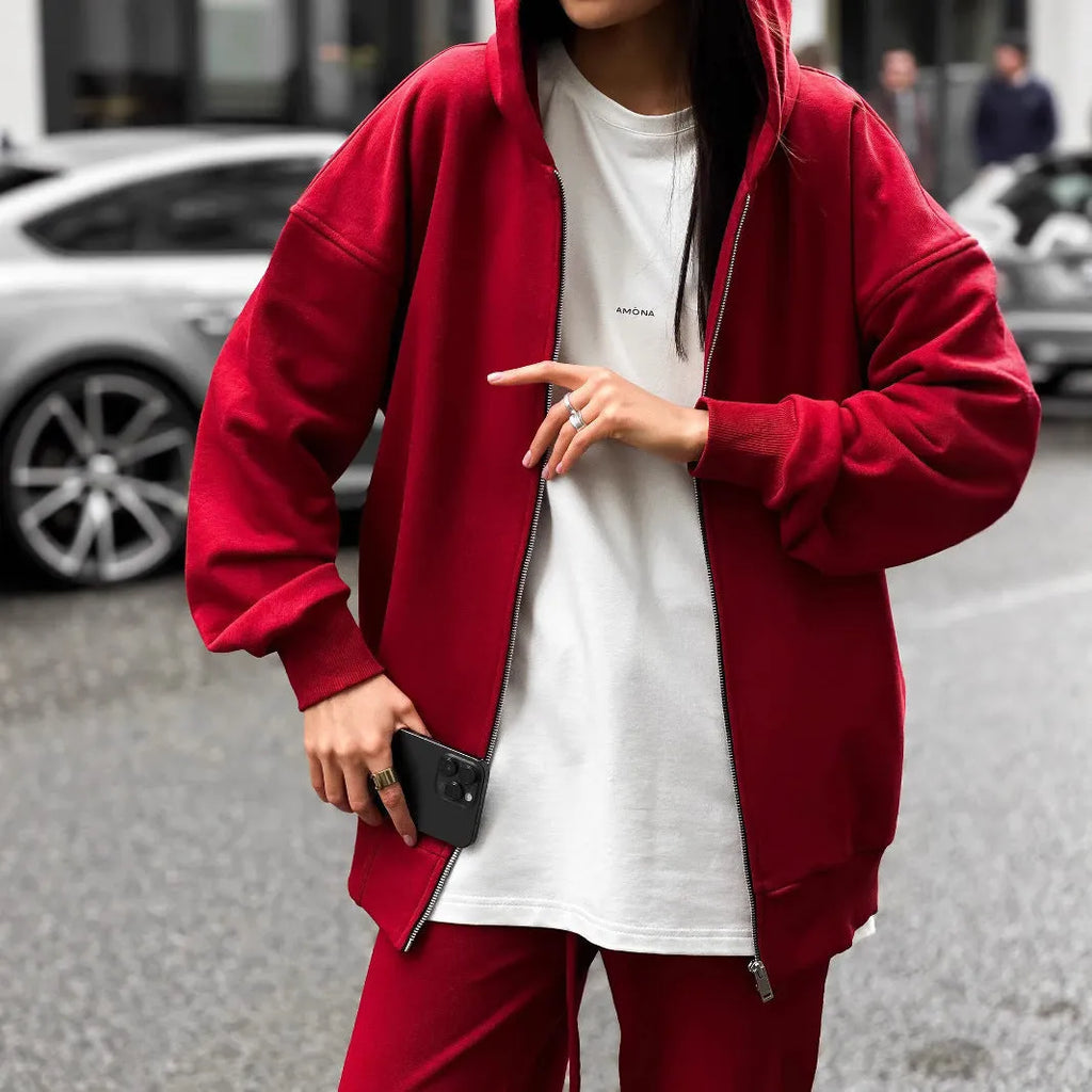 Street style long-sleeved coat and trousers two-piece set in solid colour loose fit